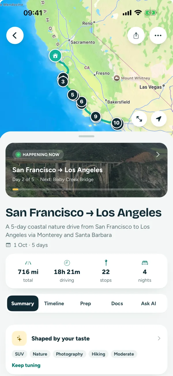 HitTheRoad trip summary with the whole route on a map