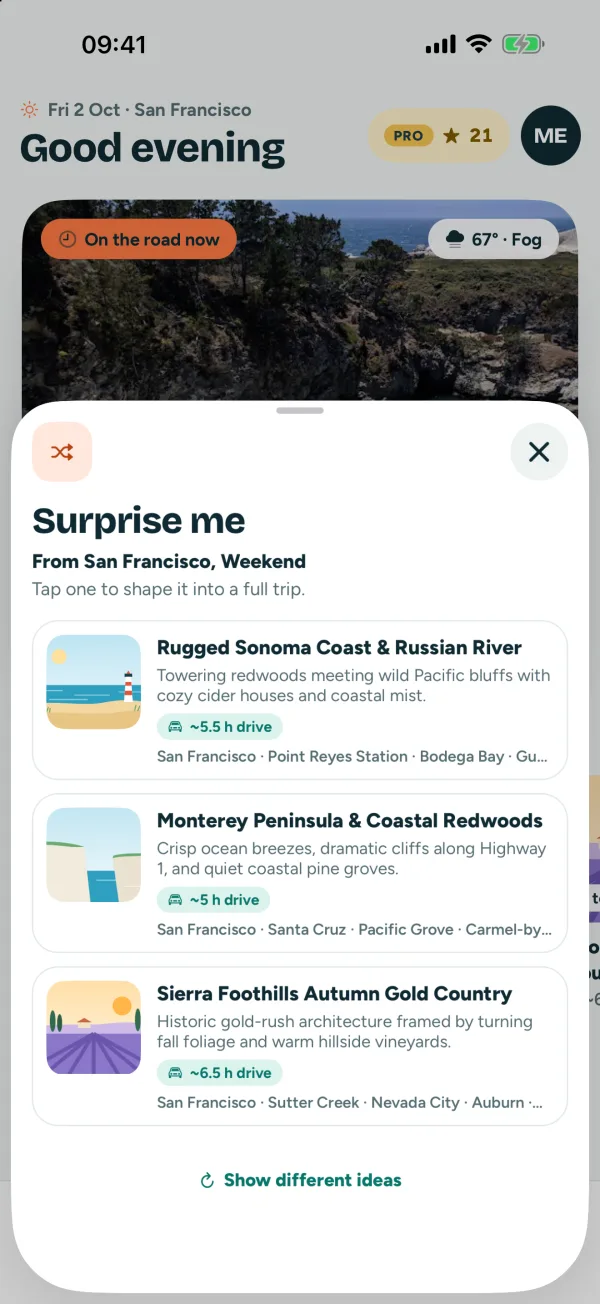 HitTheRoad Surprise me sheet suggesting weekend road trip loops from home