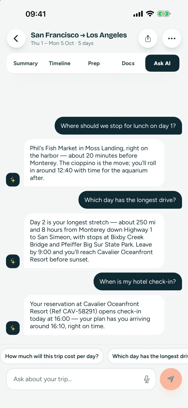 HitTheRoad trip chat where the AI answers a question about the plan