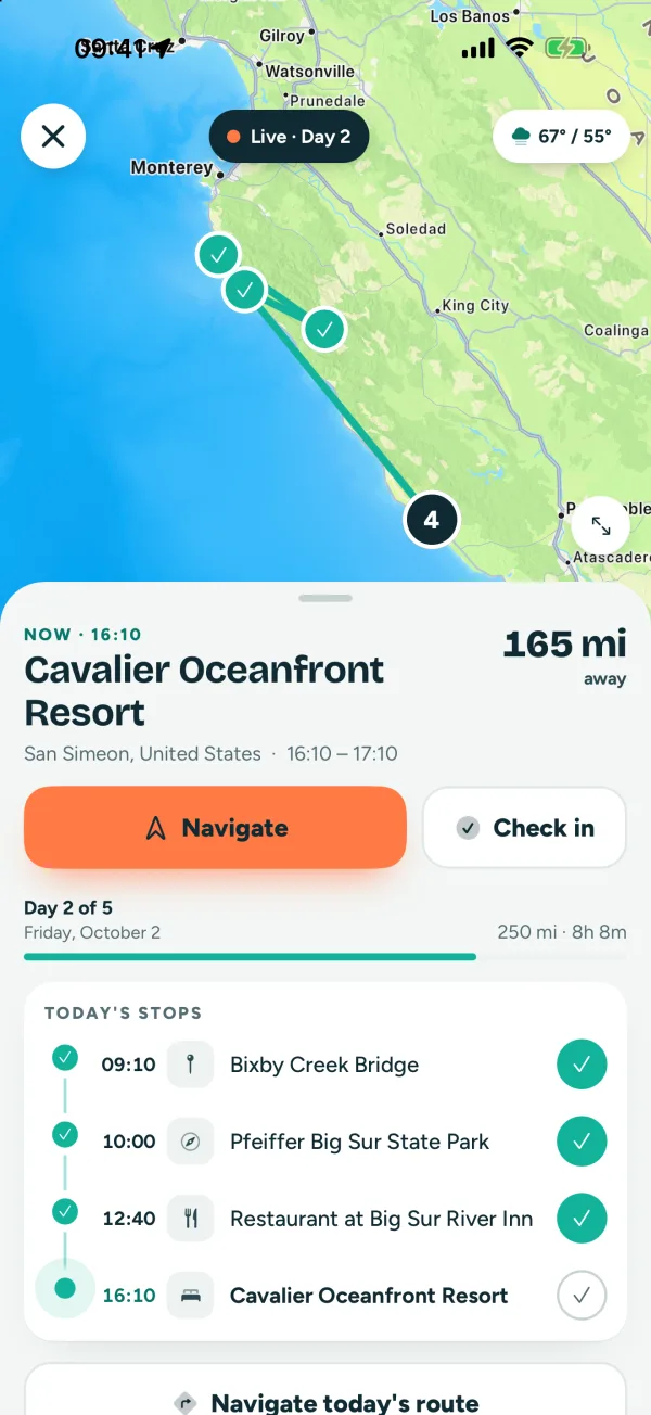 HitTheRoad live trip mode with the next stop and navigation