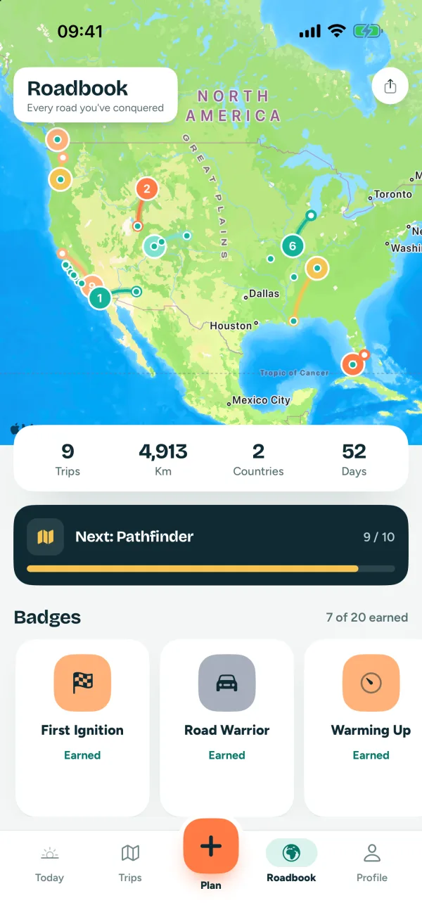 HitTheRoad Roadbook with miles, countries and badges